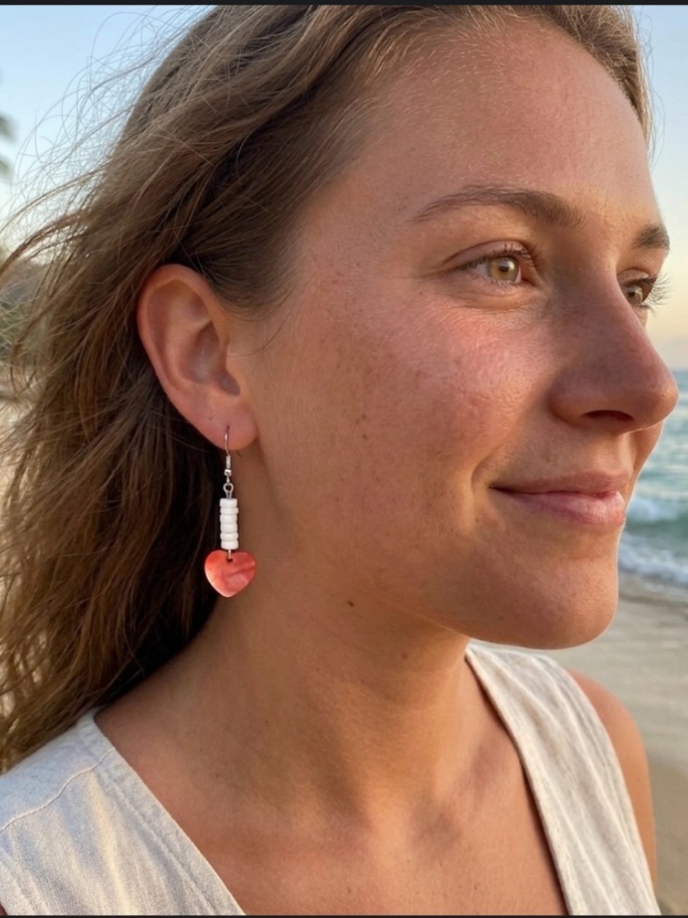 Pink shell Heart and Puka Shell Earrings